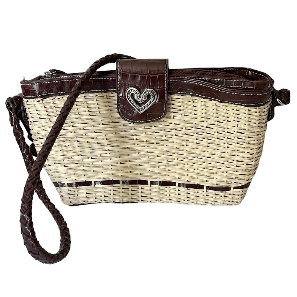 Brighton Leather Braided‎ Handle Wicker Woven Bag Purse Leather Trim Brown Tan